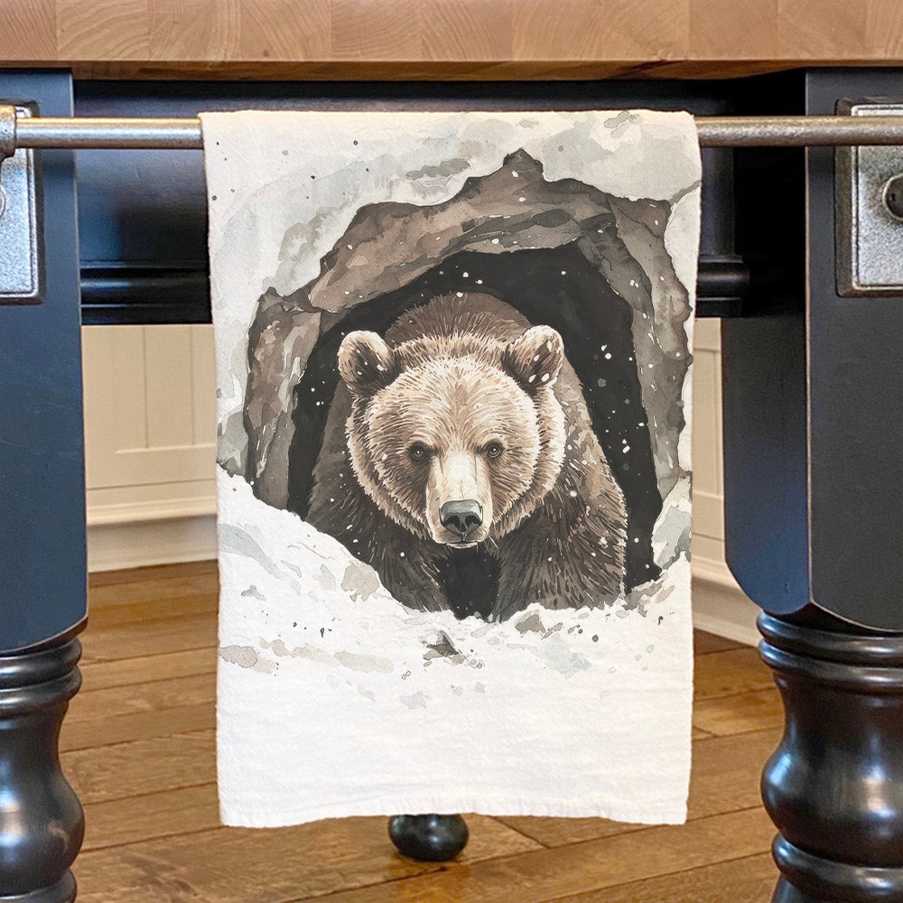 Winter Bear in Snowy Den - Cotton Tea Towel
