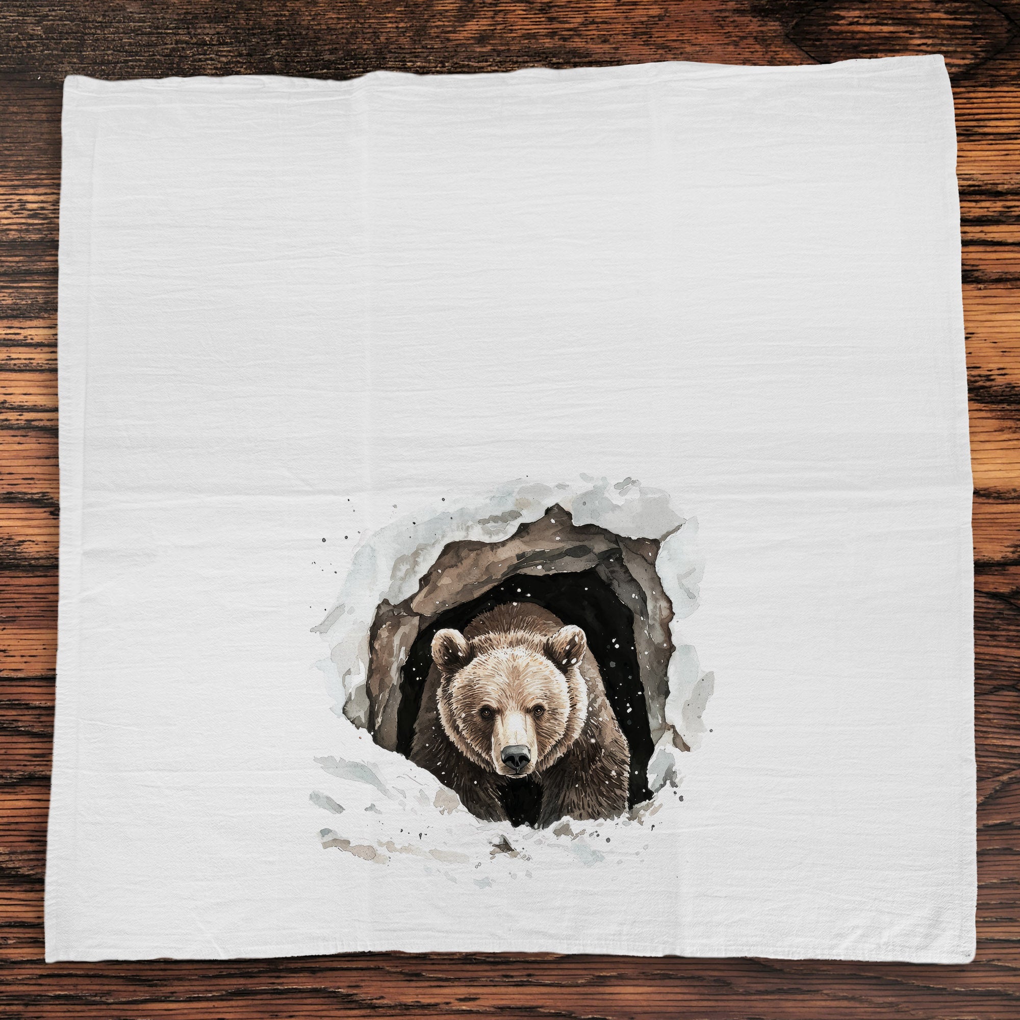 Winter Bear in Snowy Den - Cotton Tea Towel