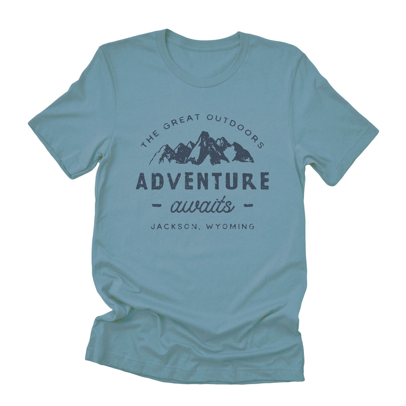Adventure Awaits w/ City, State - Short Sleeve T-Shirt