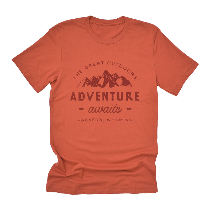 Adventure Awaits w/ City, State - Short Sleeve T-Shirt