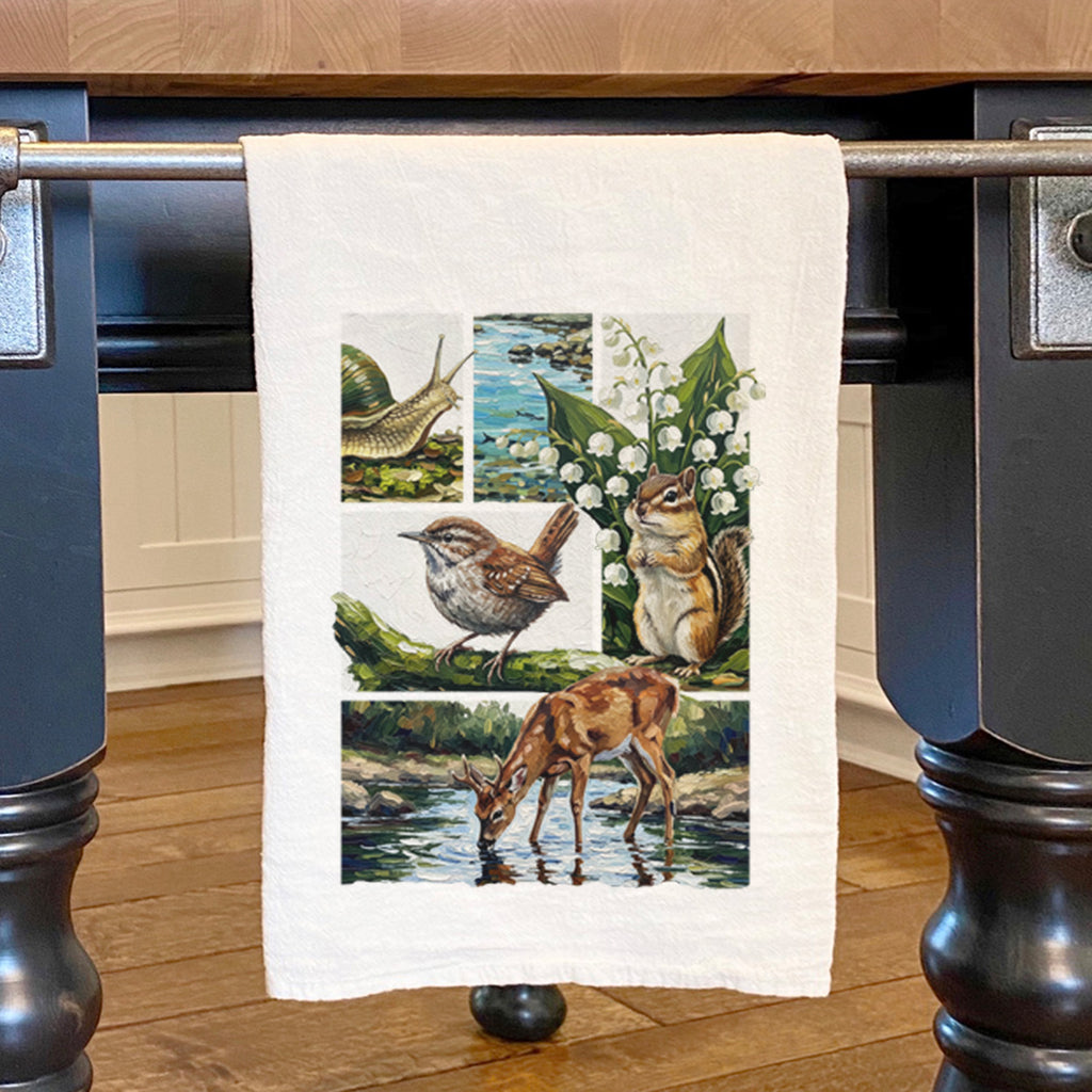 Spring Wildlife Collage - Oil Paint - Cotton Tea Towel