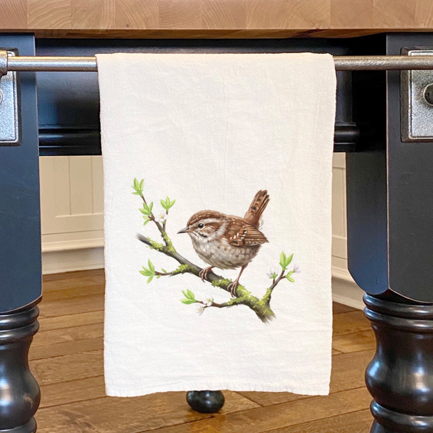 Wren on Spring Branch - Oil Paint - Cotton Tea Towel