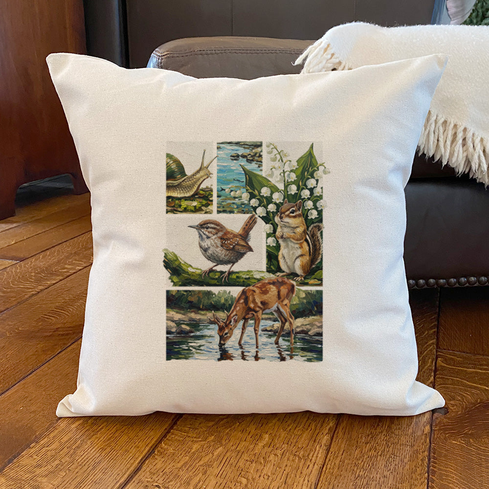 Spring Wildlife Collage - Oil Paint - Square Canvas Pillow