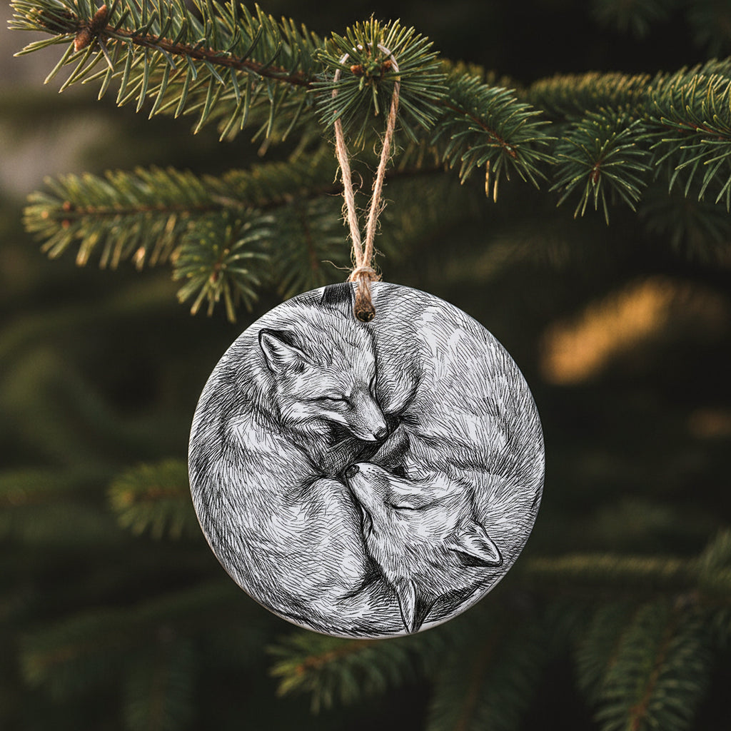 Snuggling Foxes Pencil Illustration - Ornament