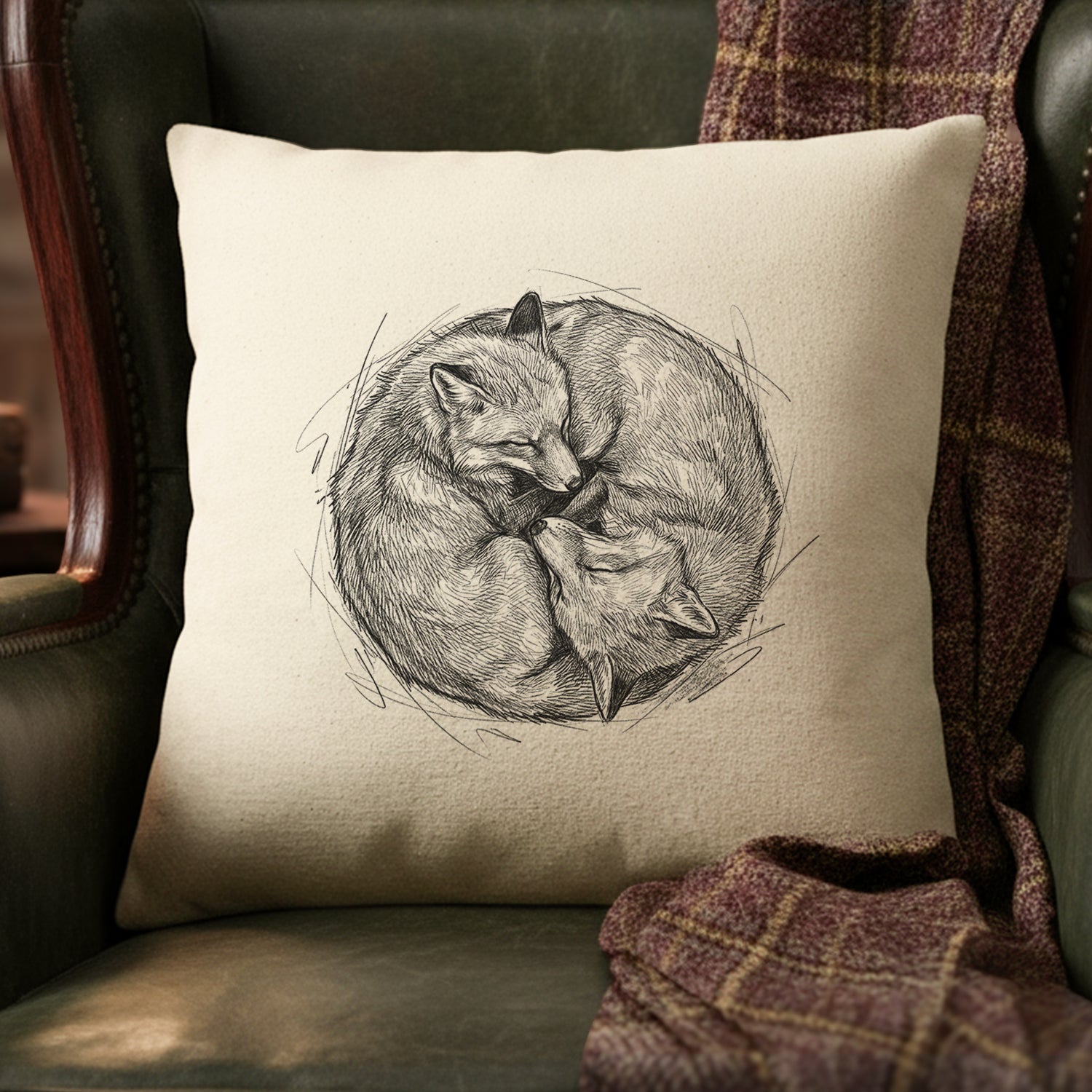 Snuggling Foxes Pencil Illustration - Square Canvas Pillow