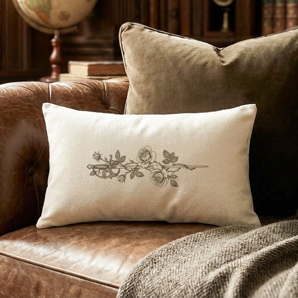 Roses & Rapier Pencil Illustration - Rectangular Canvas Pillow