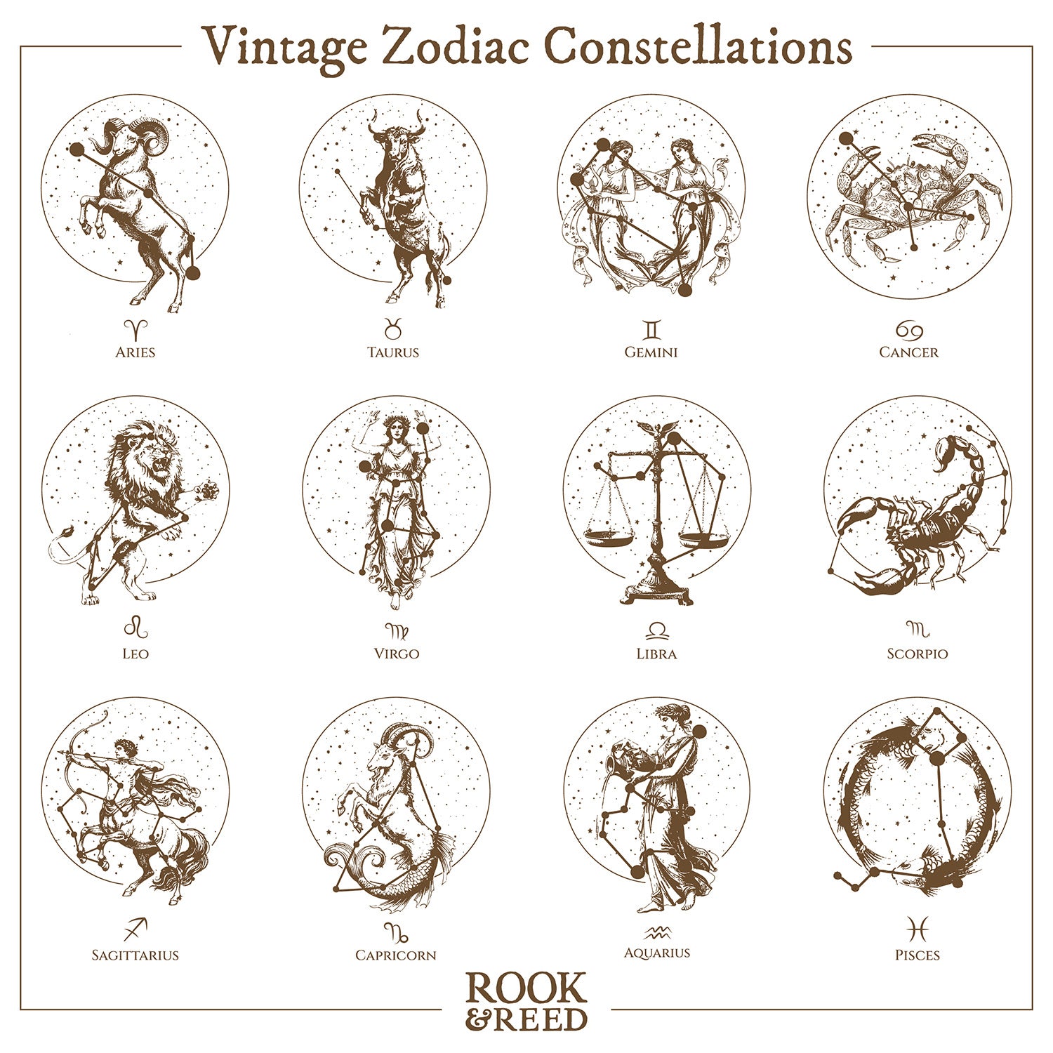 Vintage Zodiac Constellations - Square Canvas Pillow