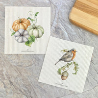 Pumpkins and Leaves, Robin on Acorn 2 pk - Swedish Dish Cloth